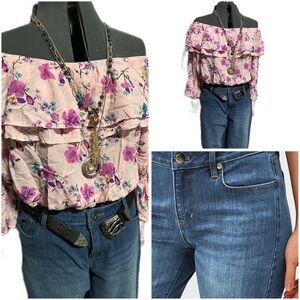 Medium Wash Denim Bootcut Jeans and Off shoulder top